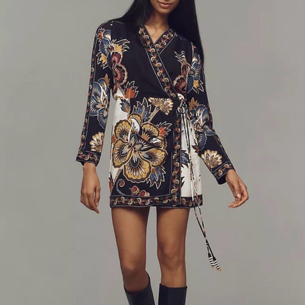 Farm Rio  Mini Wrap long sleeve Dress in Black multi colored